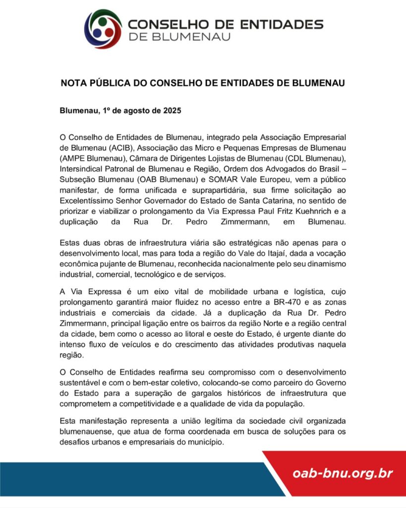 Conselho de Entidades de Blumenau cobra do Governo do Estado obras viárias prioritárias para o desenvolvimento da região