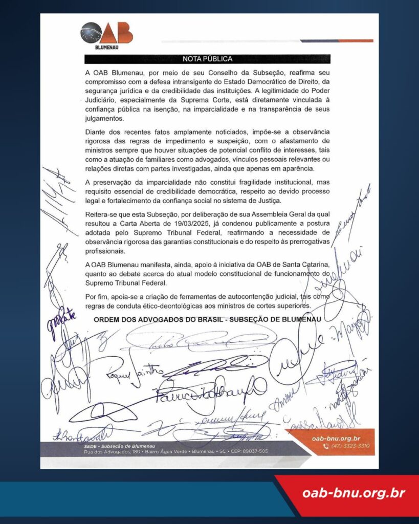 Em nota pública, OAB Blumenau cobra observância rigorosa da imparcialidade no STF