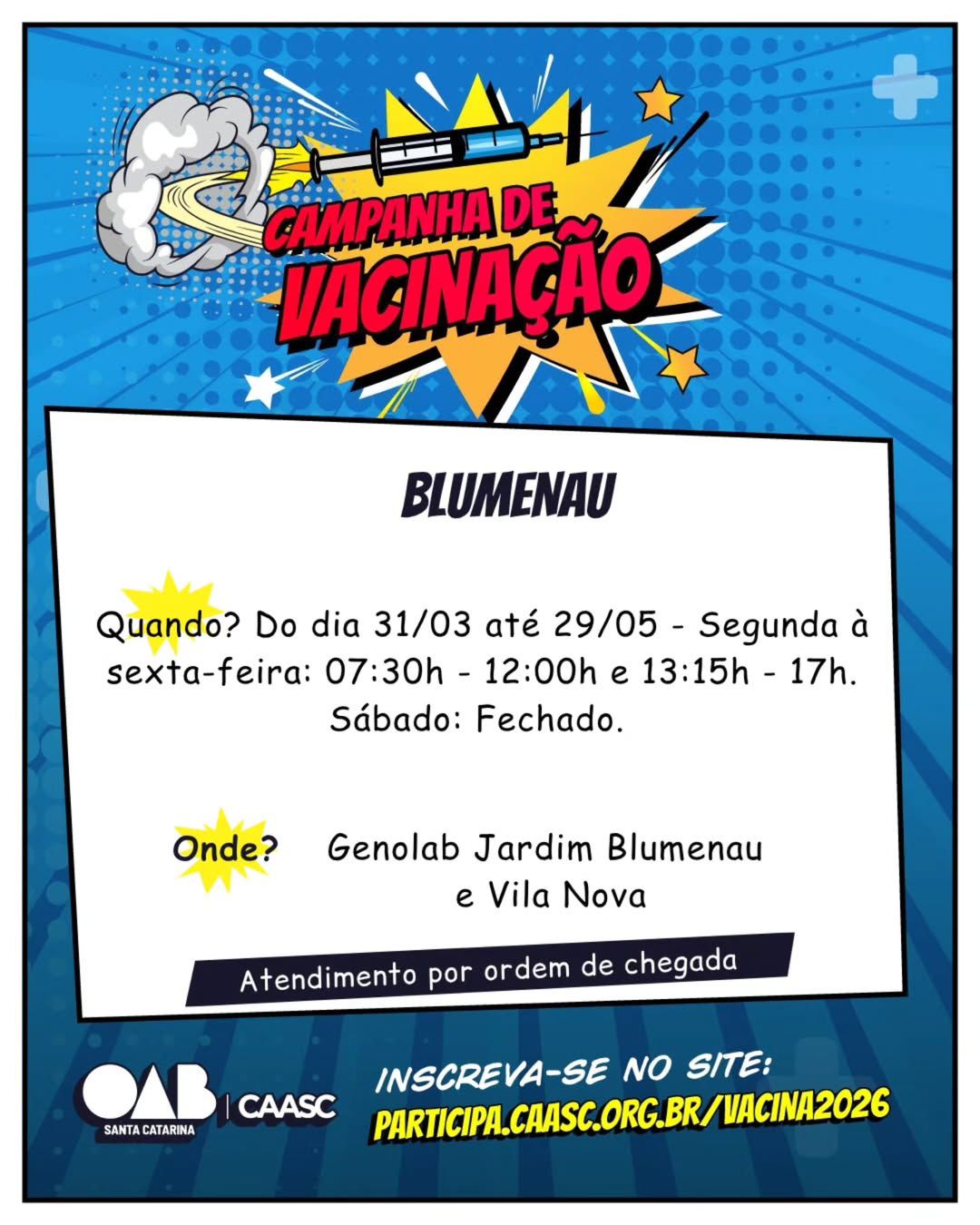 Campanha de Vacinação CAASC 2026 já está com inscrições abertas para a advocacia Campanha de Vacinação CAASC 2026 já está com inscrições abertas para a advocacia