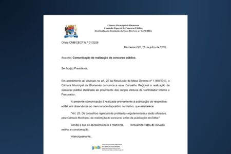 Câmara de Blumenau comunica realização de concurso público para o cargo de Procurador