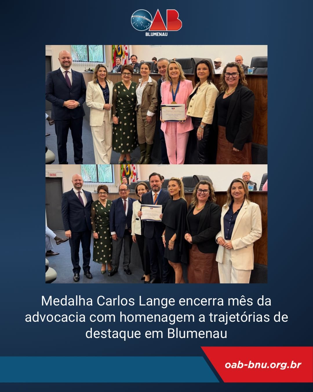 Medalha Carlos Lange encerra Mês da Advocacia com homenagem a trajetórias de destaque em Blumenau