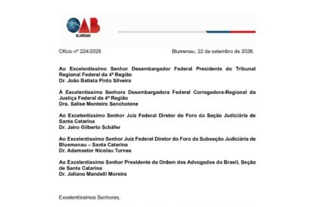 OAB Blumenau apoia criação de novas Varas Federais para atender crescimento do Médio Vale do Itajaí