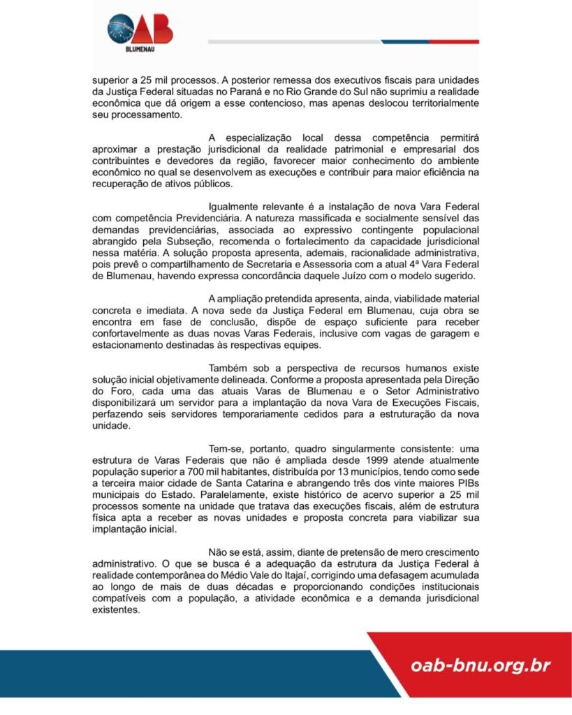 OAB Blumenau apoia criação de novas Varas Federais para atender crescimento do Médio Vale do Itajaí