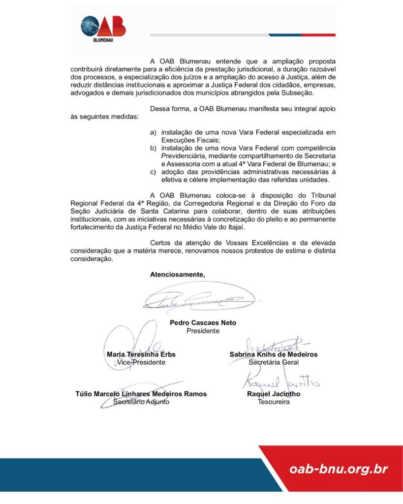 OAB Blumenau apoia criação de novas Varas Federais para atender crescimento do Médio Vale do Itajaí