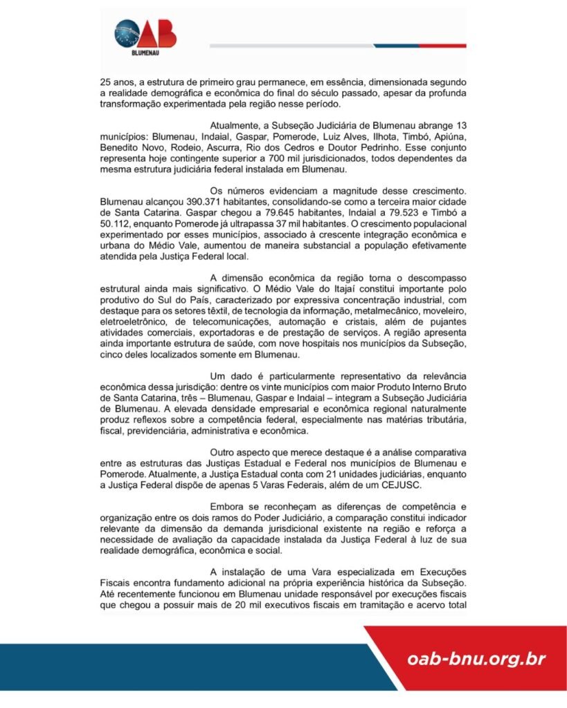 OAB Blumenau apoia criação de novas Varas Federais para atender crescimento do Médio Vale do Itajaí