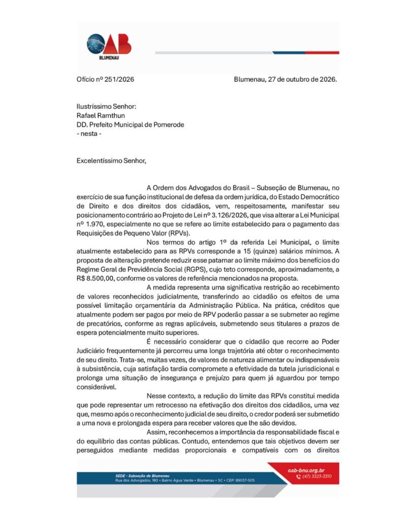 OAB Blumenau manifesta preocupação com projeto que altera pagamento de créditos judiciais em Pomerode