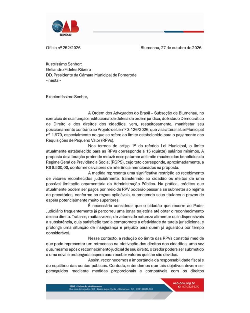 OAB Blumenau manifesta preocupação com projeto que altera pagamento de créditos judiciais em Pomerode