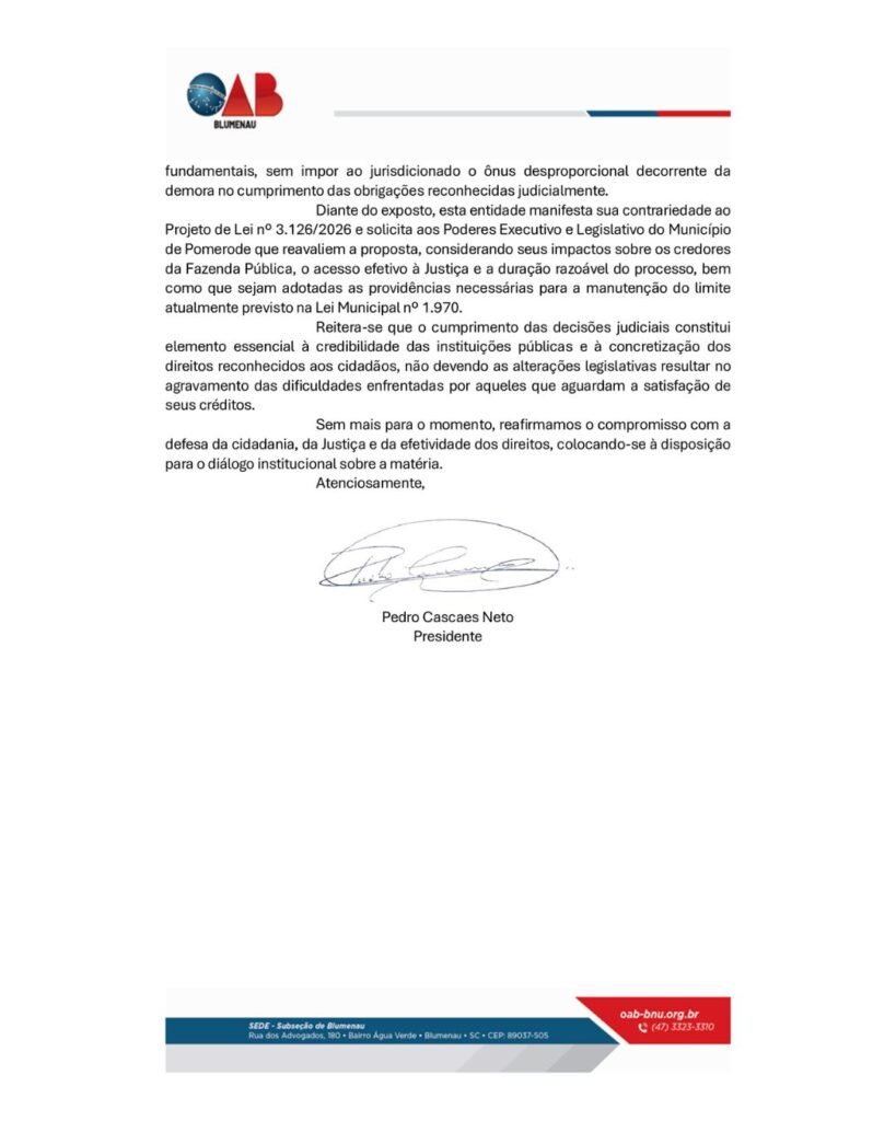 OAB Blumenau manifesta preocupação com projeto que altera pagamento de créditos judiciais em Pomerode